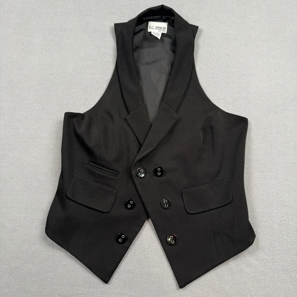 VTG 90s K.C. Spencer NY Black Double Breasted Racerback Tuxedo Vest Top 10